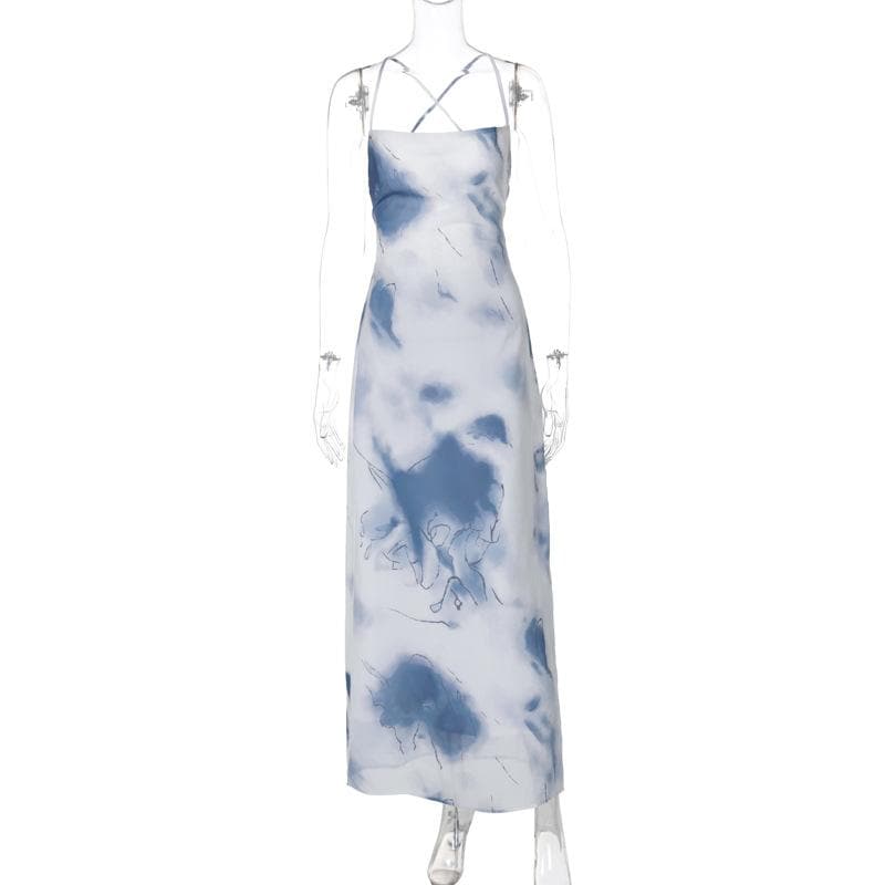 Tie dye print high slit cross back cami maxi dress