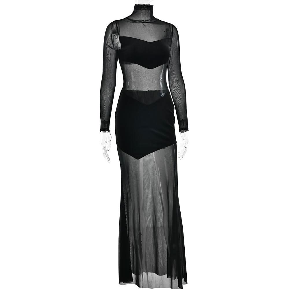 High neck long sleeve mesh patchwork velvet maxi dress