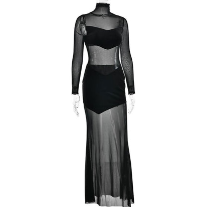High neck long sleeve mesh patchwork velvet maxi dress