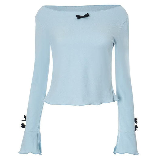 Long flared sleeve round neck bowknot textured top
