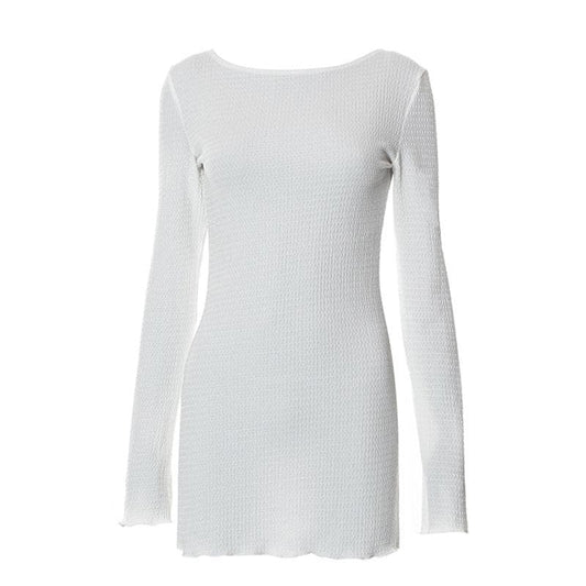 Textured solid self tie backless long sleeve ruffle mini dress