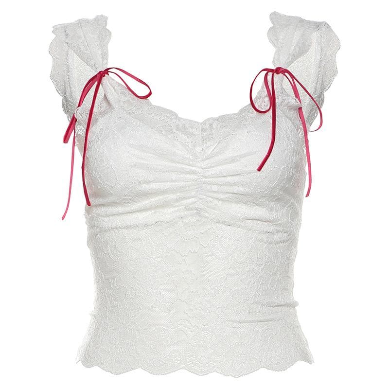 Lace bowknot ruched patchwork cami top