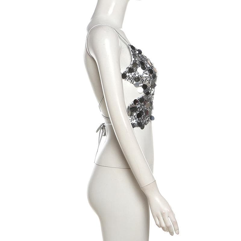 Butterfly pattern glitter lace up cami top