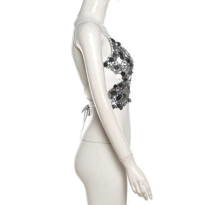 Butterfly pattern glitter lace up cami top