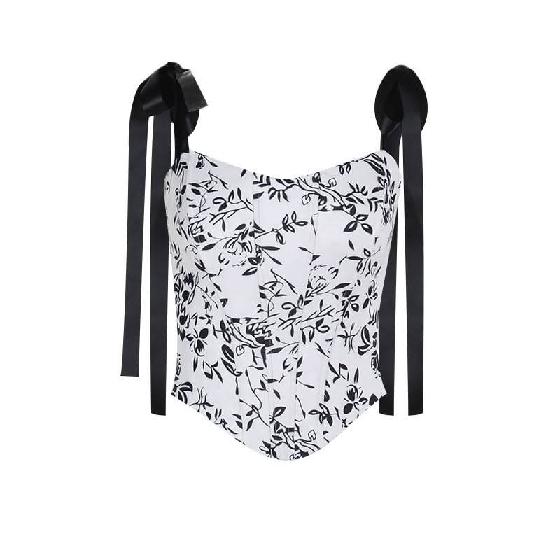 Self tie u neck ribbon print contrast cami top
