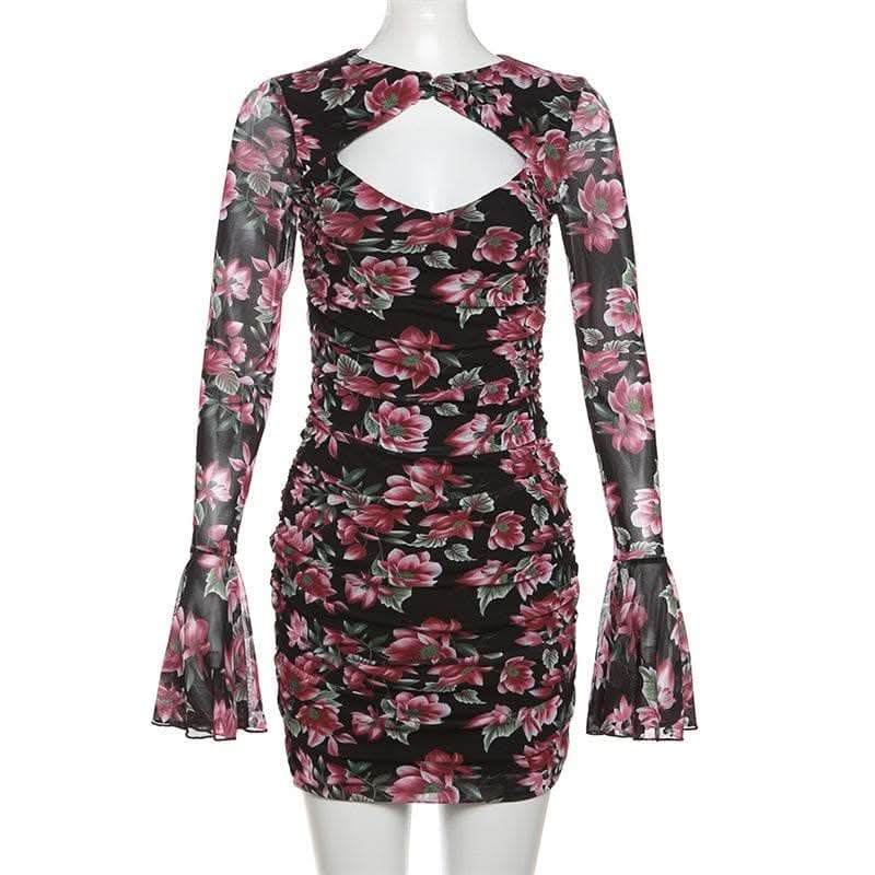 Flower print contrast hollow out long flared sleeve cut out mini dress-final-sale