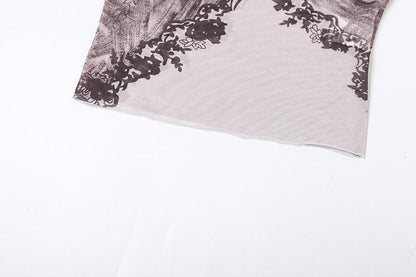 Sleeveless high neck print sheer mesh top