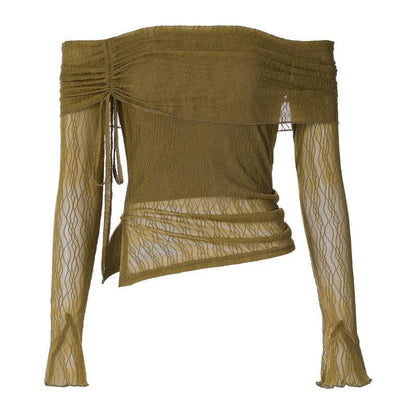 Long flared sleeve off shoulder drawstring ruched mesh top