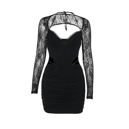 Long sleeve lace hollow out ruched self tie cut out mini dress