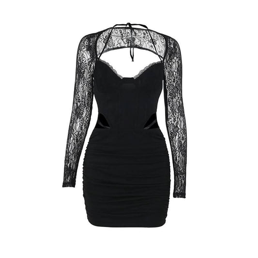 Long sleeve lace hollow out ruched self tie cut out mini dress