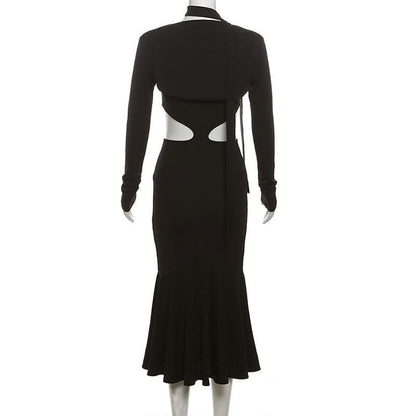 Long sleeve sweetheart neck shrug 2 piece hollow out cut out maxi dress