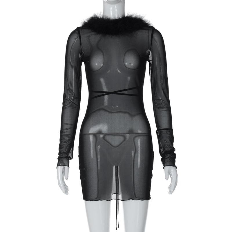 Long sleeve sheer mesh feather ruffle backless mini dress