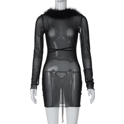 Long sleeve sheer mesh feather ruffle backless mini dress