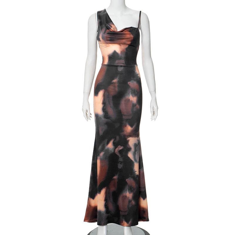 Cowl neck tie dye print backless cami maxi dress