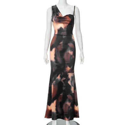 Cowl neck tie dye print backless cami maxi dress