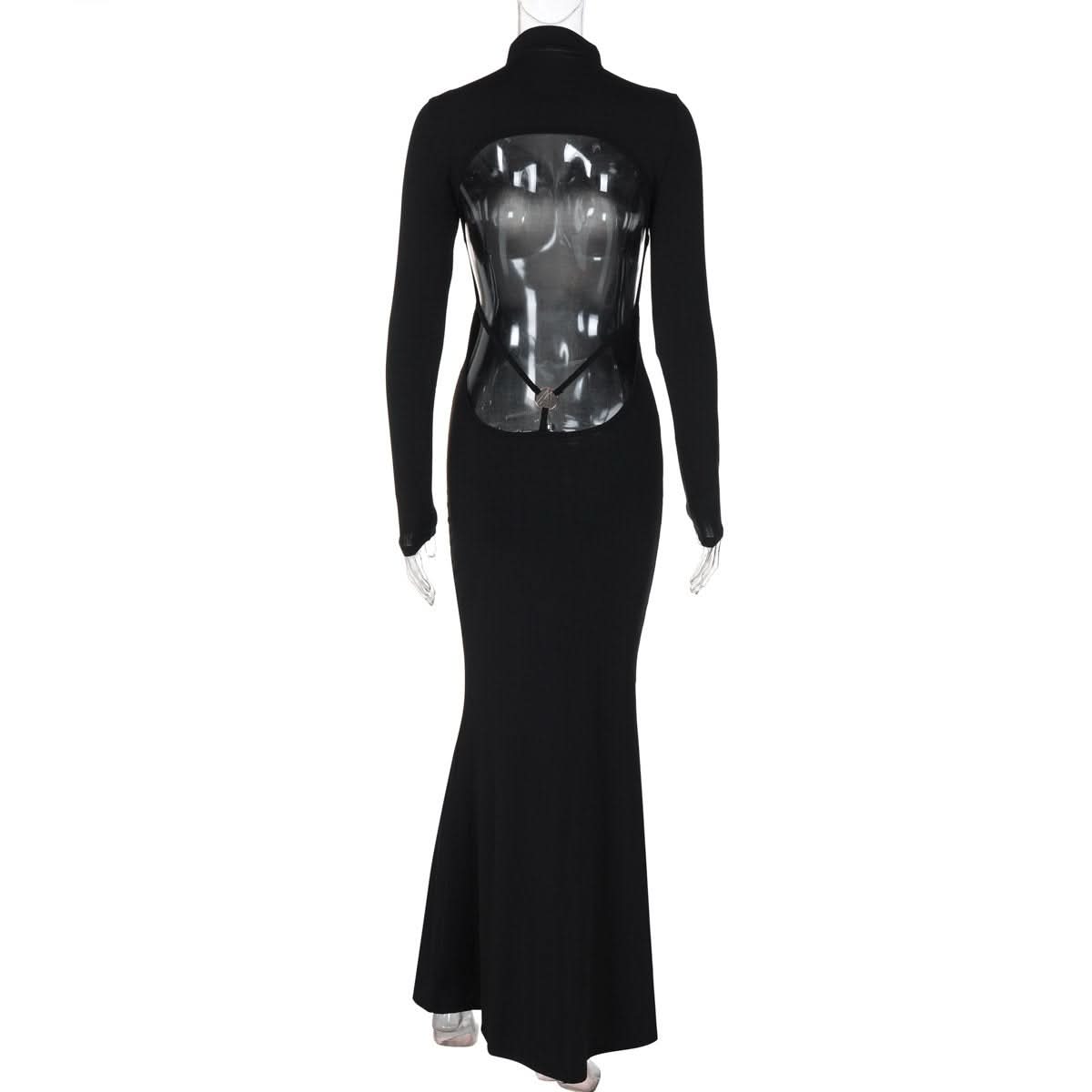 Long sleeve high neck backless solid maxi dress