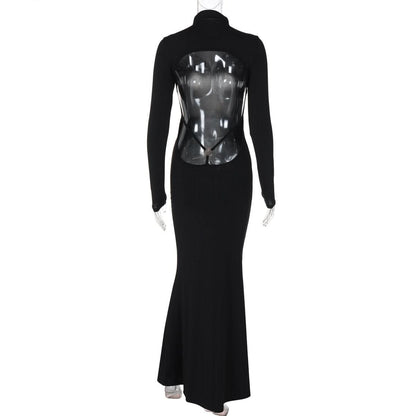 Long sleeve high neck backless solid maxi dress