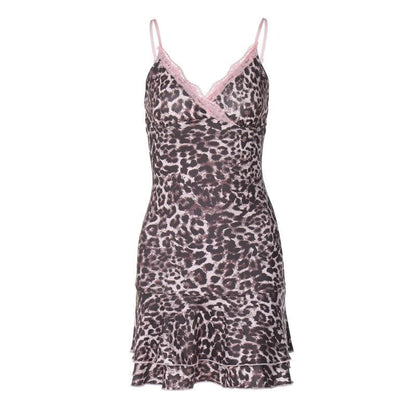 Leopard print v neck lace hem cami mini dress