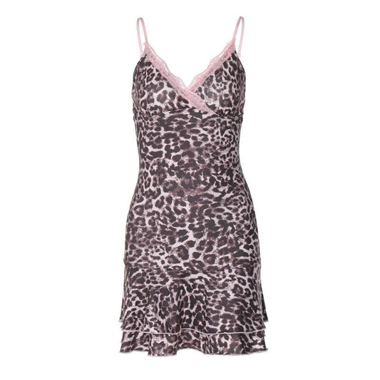 Leopard print v neck lace hem cami mini dress
