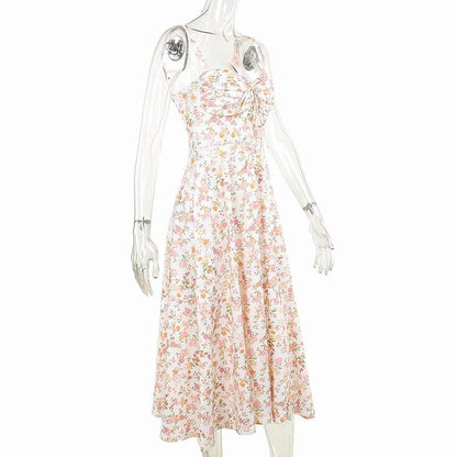 Drawstring ruched sweetheart neck flower print cami midi dress