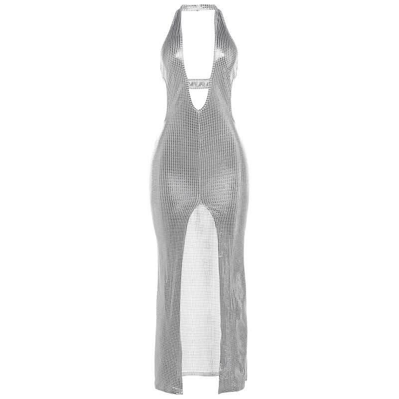 Halter deep V neck slit plaid hollow out cut out maxi dress-final-sale