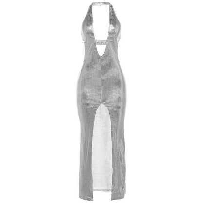 Halter deep V neck slit plaid hollow out cut out maxi dress-final-sale