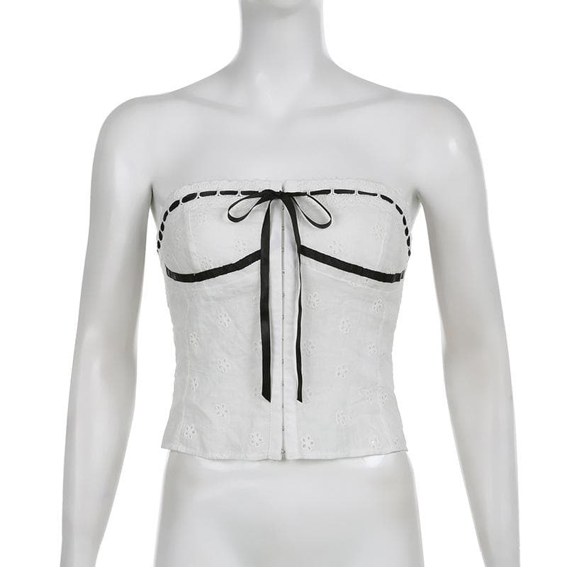Textured contrast stitch self tie button backless tube top