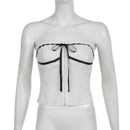 Textured contrast stitch self tie button backless tube top