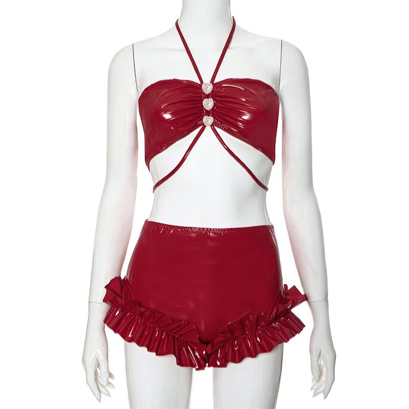 PU leather ruffled halter heart button pant set
