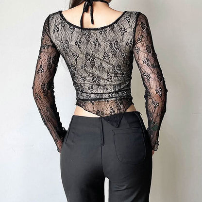 Halter long sleeve lace see through bowknot top