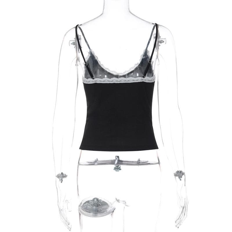 Bowknot lace hem v neck contrast cami top