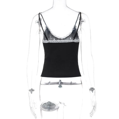 Bowknot lace hem v neck contrast cami top