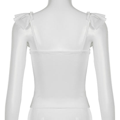 U neck ruffle solid backless cami top