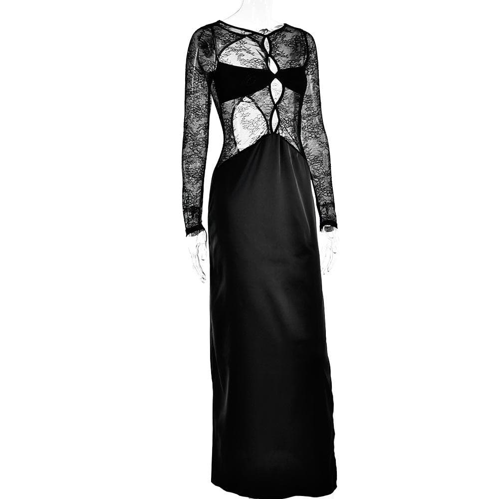 Long sleeve crewneck lace hollow out high slit cut out maxi dress