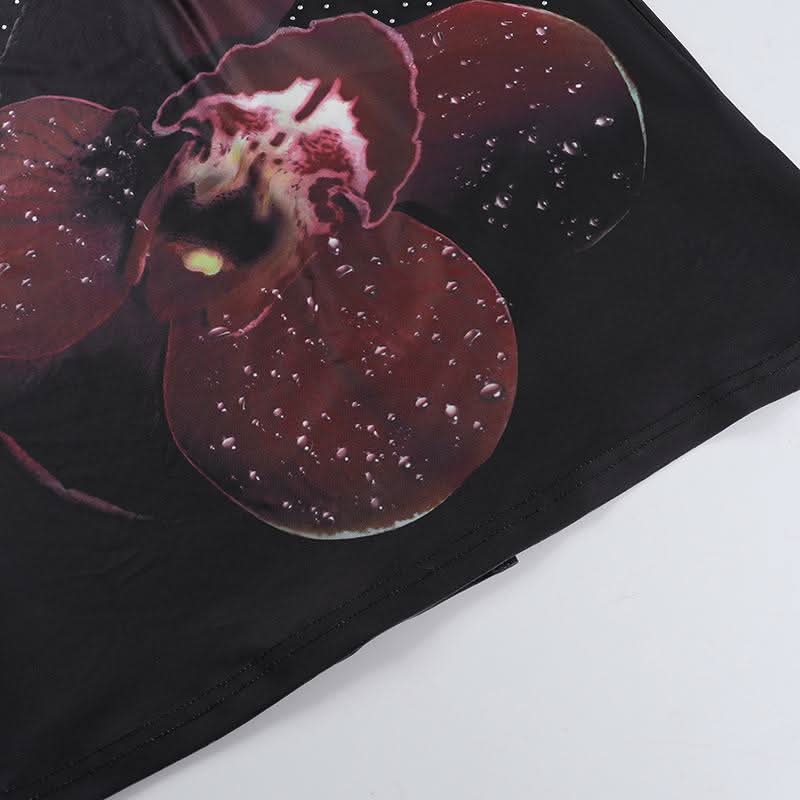 V neck flower print beaded slit cami maxi dress