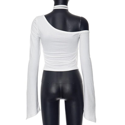Long flared sleeve off shoulder ruched irregular top