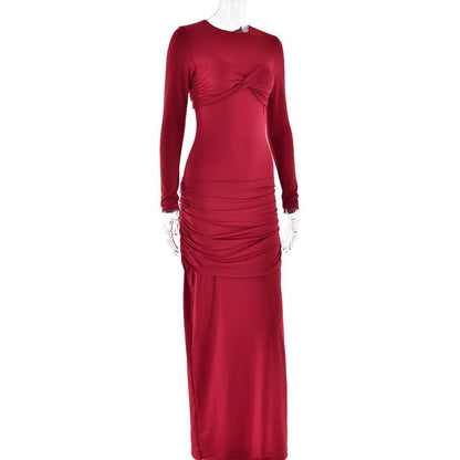 Long sleeve crewneck ruched cross front maxi dress