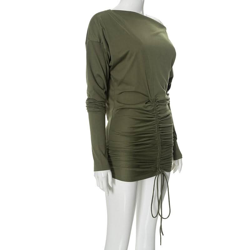 Ruched drawstring self tie long sleeve irregular mini dress