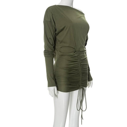 Ruched drawstring self tie long sleeve irregular mini dress