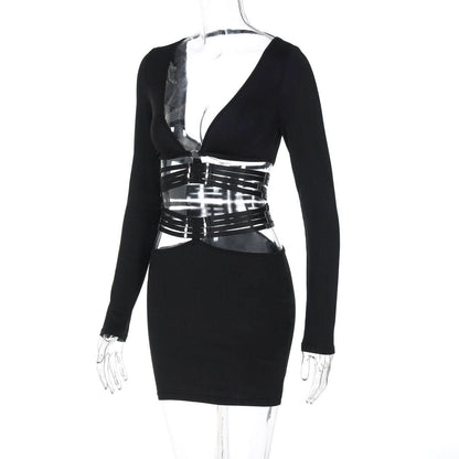 Long sleeve v neck adjustable o ring mini skirt set