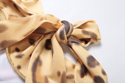 Leopard print halter self tie irregular backless maxi dress