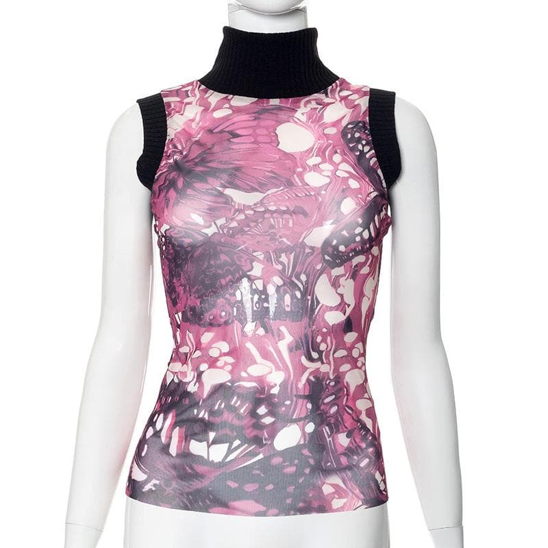 Sleeveless high neck butterfly print mesh top