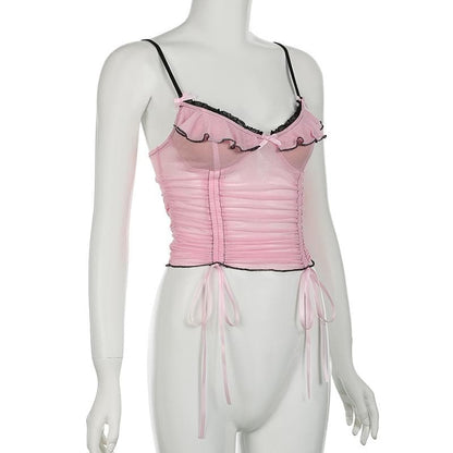 Sheer mesh ruffle drawstring cami top