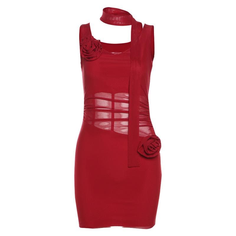Cowl neck sheer mesh flower applique cami mini dress