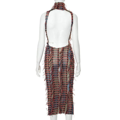 High neck hollow out mesh backless cut out midi dress