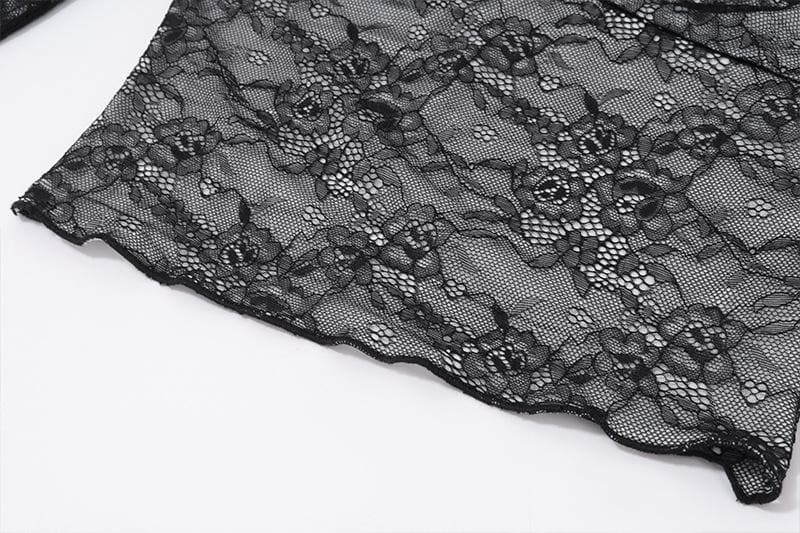 Long sleeve halter lace ruched see through top