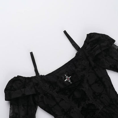 Long flared sleeve off shoulder cross applique mini dress