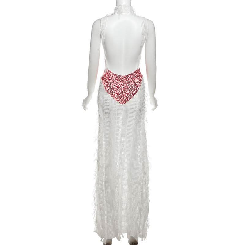 High neck patchwork tassels backless maxi dress-final-sale