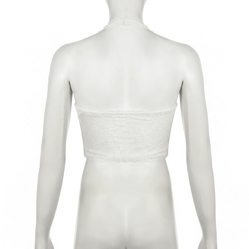 Halter bowknot ribbon lace backless top