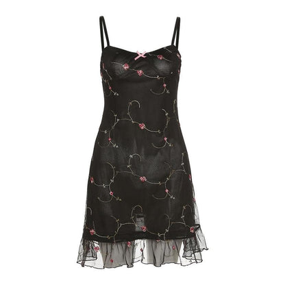 Mesh ruffle backless flower embroidery contrast cami mini dress